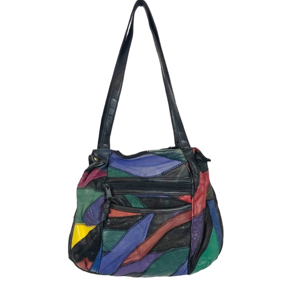 VINTAGE 80s Postmodern Multicolor Leather Patchwork Satchel Shoulder Bag - Picture 2 of 9